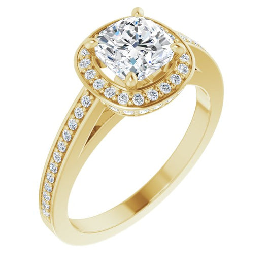 10K Yellow Gold Customizable Cathedral-set Cushion Cut Design with Halo, Thin Pavé Band & Round-Bezel Peekaboos