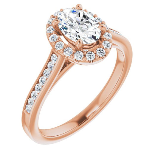 10K Rose Gold Customizable Oval Cut Design with Halo, Round Channel Band and Floating Peekaboo Accents