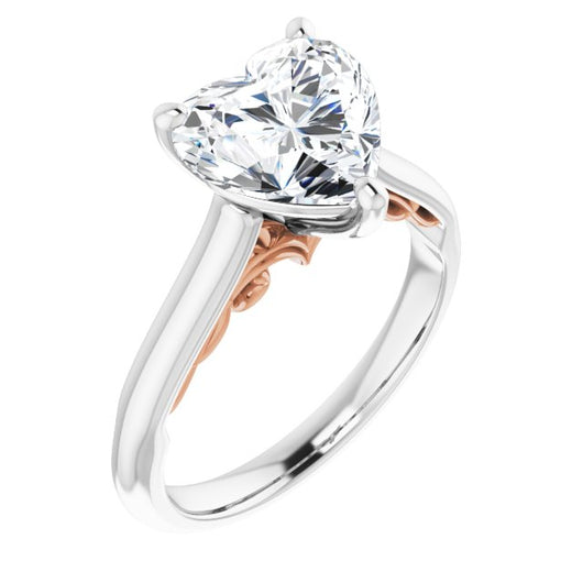 14K White & Rose Gold Customizable Heart Cut Cathedral Solitaire with Two-Tone Option Decorative Trellis 'Down Under'