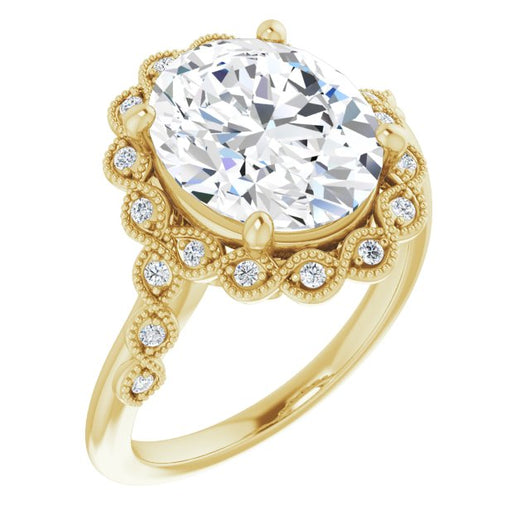 10K Yellow Gold Customizable 3-stone Design with Oval Cut Center and Halo Enhancement