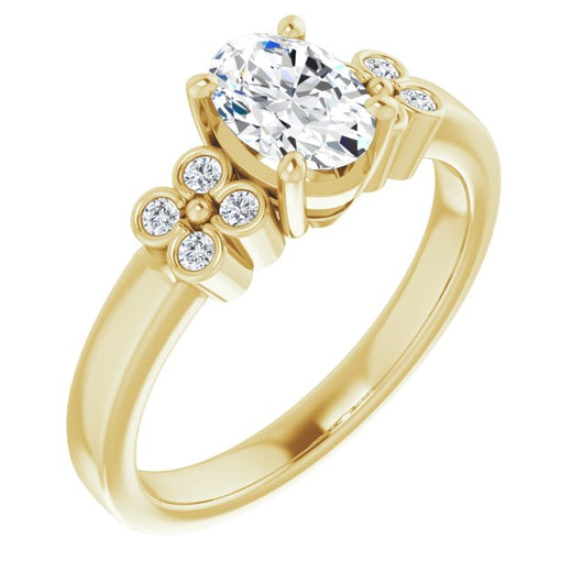 10K Yellow Gold Customizable 9-stone Design with Oval Cut Center and Complementary Quad Bezel-Accent Sets