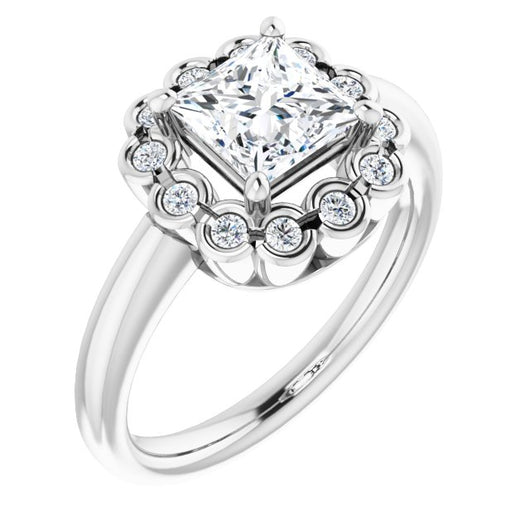 10K White Gold Customizable 13-stone Princess/Square Cut Design with Floral-Halo Round Bezel Accents