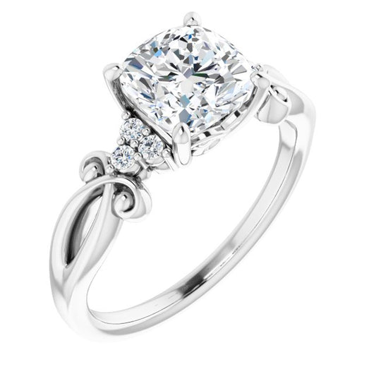 10K White Gold Customizable 7-stone Cushion Cut Design with Tri-Cluster Accents and Teardrop Fleur-de-lis Motif