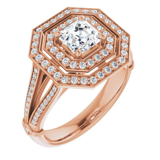 10K Rose Gold Customizable Cathedral-set Asscher Cut Design with Double Halo, Wide Split-Shared Prong Band and Side Knuckle Accents