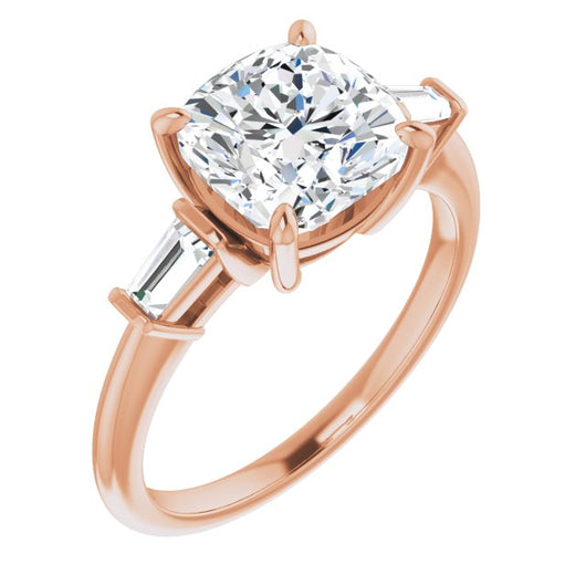 10K Rose Gold Customizable 3-stone Cushion Cut Design with Dual Baguette Accents)