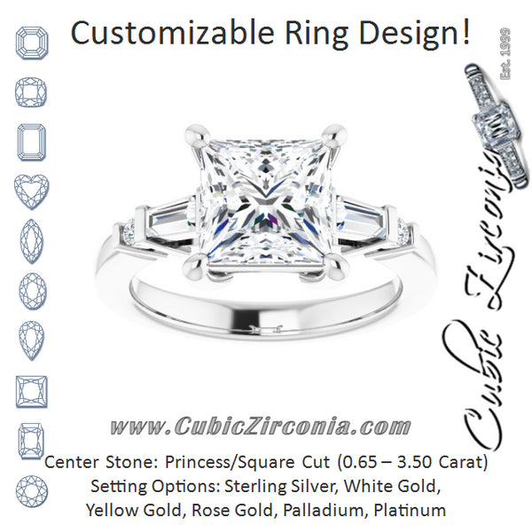 Cubic Zirconia Engagement Ring- The Belem (Customizable 5-stone Baguette+Round-Accented Princess/Square Cut Design))