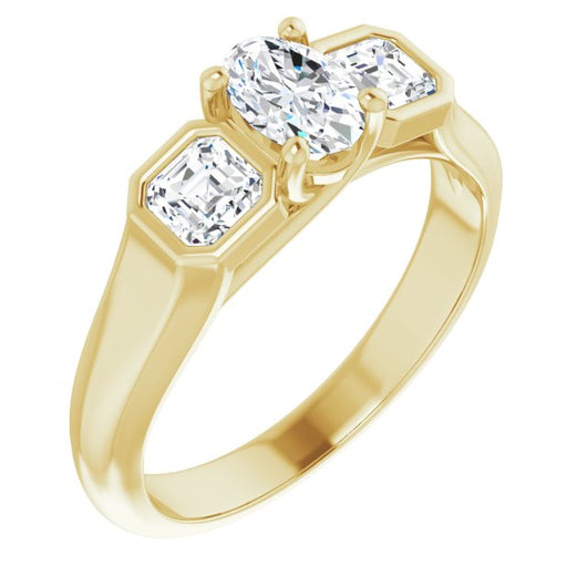 10K Yellow Gold Customizable 3-stone Cathedral Oval Cut Design with Twin Asscher Cut Side Stones