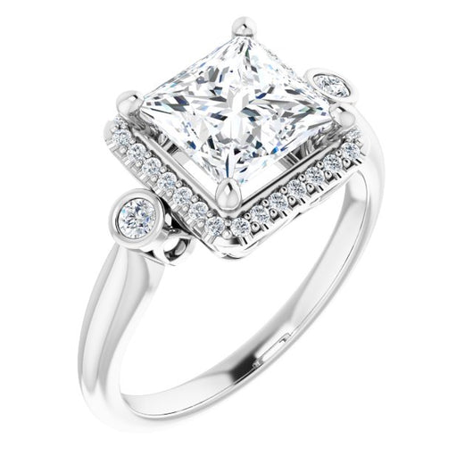 10K White Gold Customizable Princess/Square Cut Style with Halo and Twin Round Bezel Accents