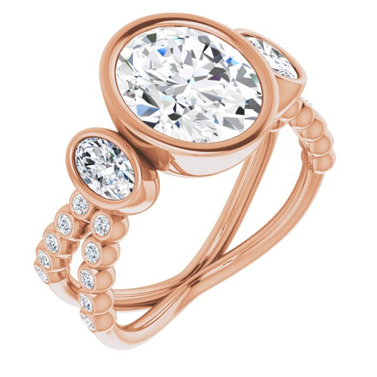 10K Rose Gold Customizable Bezel-set Oval Cut Design with Dual Bezel-Oval Accents and Round-Bezel Accented Split Band