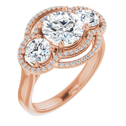 10K Rose Gold Customizable Cathedral-set Enhanced 3-stone Round Cut Design with Multidirectional Halo