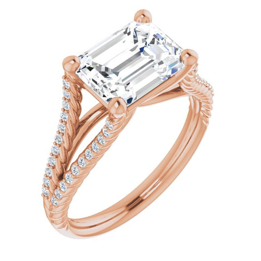 10K Rose Gold Customizable Emerald/Radiant Cut Style with Split Band and Rope-Pavé