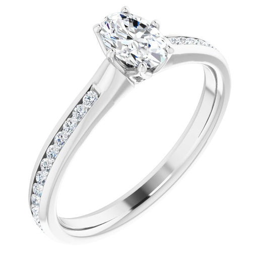 10K White Gold Customizable 6-prong Oval Cut Design with Round Channel Accents