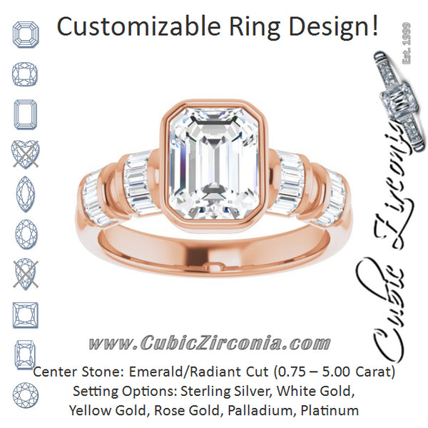 Cubic Zirconia Engagement Ring- The Astrid (Customizable Bezel-set Emerald Cut Design with Quad Horizontal Band Sleeves of Baguette Accents)