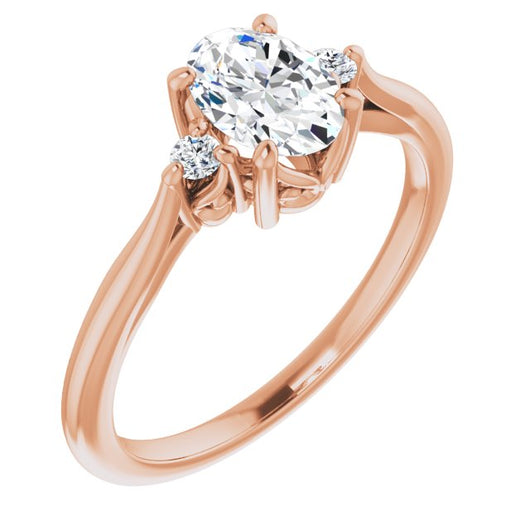 10K Rose Gold Customizable Three-stone Oval Cut Design with Small Round Accents and Vintage Trellis/Basket