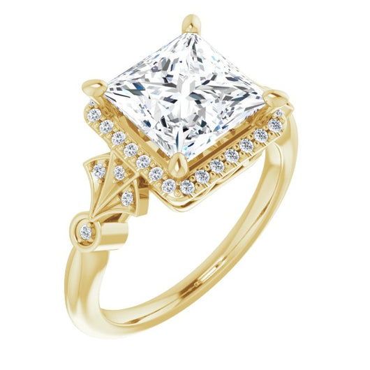 10K Yellow Gold Customizable Cathedral-Crown Princess/Square Cut Design with Halo and Scalloped Side Stones