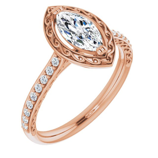 10K Rose Gold Customizable Marquise Cut Halo Design with Filigree and Accented Band