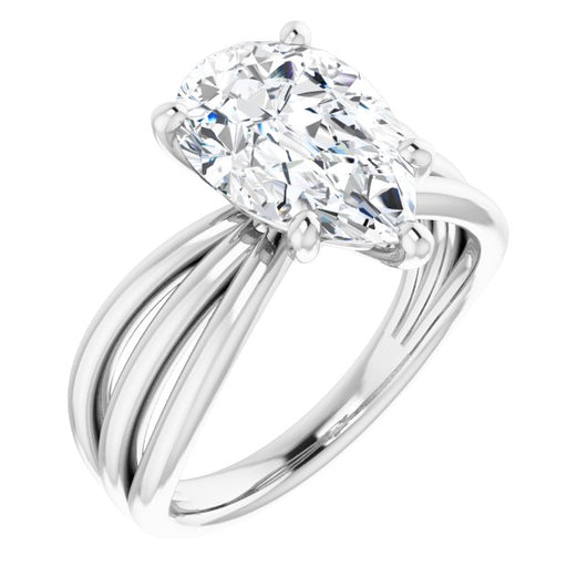 10K White Gold Customizable Pear Cut Solitaire Design with Wide, Ribboned Split-band