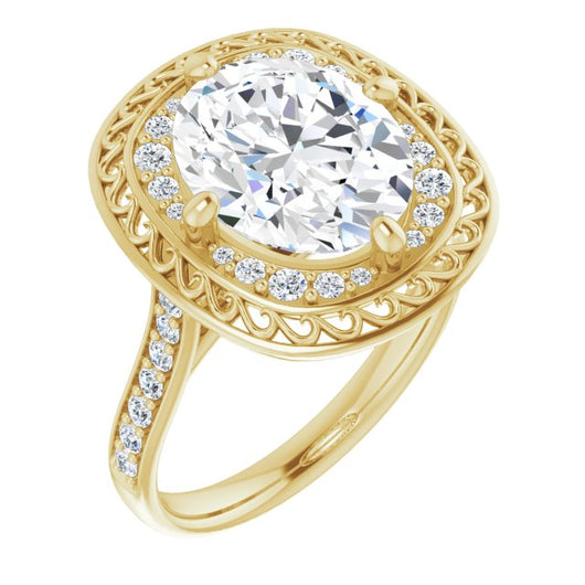 10K Yellow Gold Customizable Cathedral-style Oval Cut featuring Cluster Accented Filigree Setting & Shared Prong Band