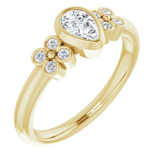 10K Yellow Gold Customizable 9-stone Bezel-set Pear Cut Design with Quad Round Bezel Side Stones Each Side