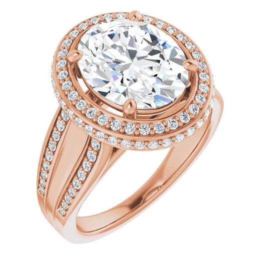 10K Rose Gold Customizable Halo-style Oval Cut with Under-halo & Ultra-wide Band