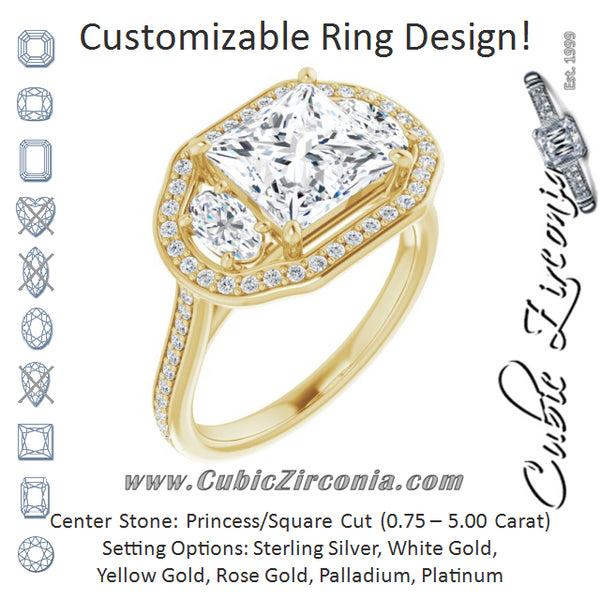 Cubic Zirconia Engagement Ring- The Dulce (Customizable Princess/Square Cut Style with Oval Cut Accents, 3-stone Halo & Thin Shared Prong Band)