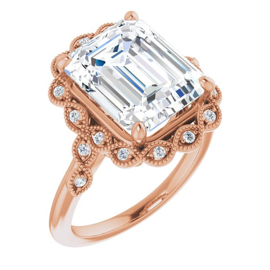 10K Rose Gold Customizable 3-stone Design with Emerald/Radiant Cut Center and Halo Enhancement