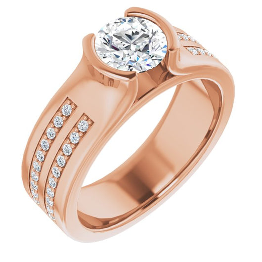 10K Rose Gold Customizable Bezel-set Round Cut Design with Thick Band featuring Double-Row Shared Prong Accents