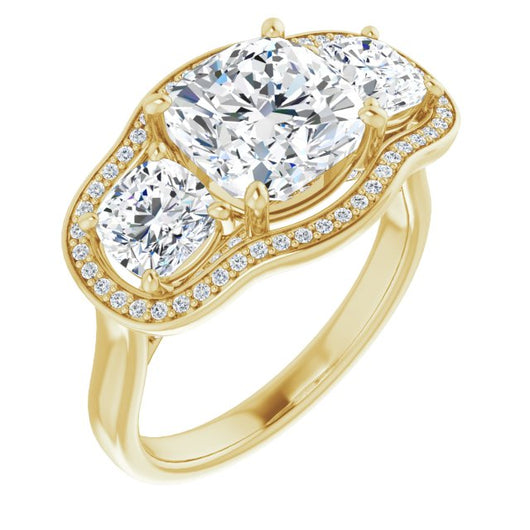 10K Yellow Gold Customizable 3-stone Design with Cushion Cut Center, Cushion Side Stones, Triple Halo and Bridge Under-halo