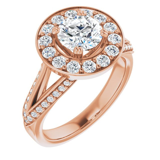 10K Rose Gold Customizable Round Cut Center with Large-Accented Halo and Split Shared Prong Band