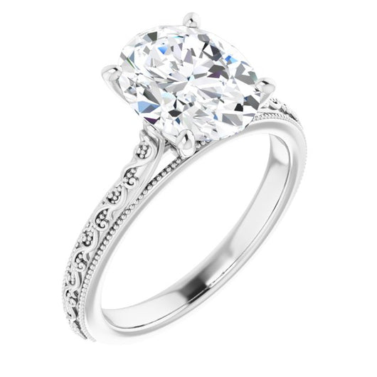 10K White Gold Customizable Oval Cut Solitaire with Delicate Milgrain Filigree Band