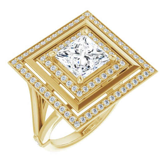 10K Yellow Gold Customizable Princess/Square Cut Oversized 2x Halo Style with Knuckle Accented Split Band