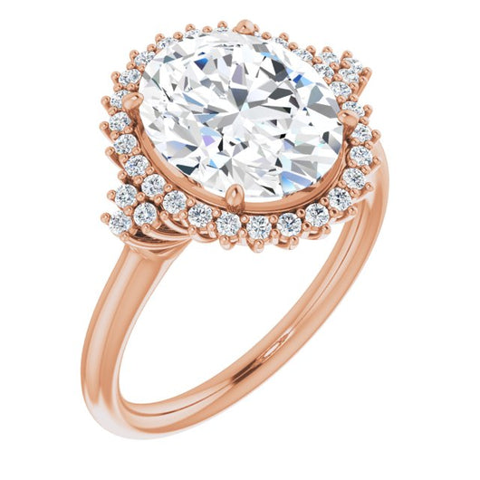 10K Rose Gold Customizable Oval Cut Cathedral-Halo Design with Tri-Cluster Round Accents