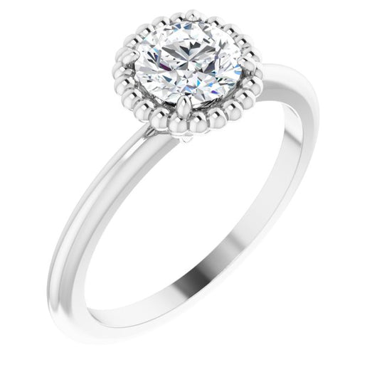 10K White Gold Customizable Round Cut Solitaire with Beaded Metallic Milgrain