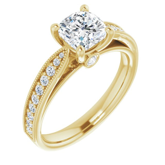 10K Yellow Gold Customizable Cushion Cut Style featuring Milgrained Shared Prong Band & Dual Peekaboos