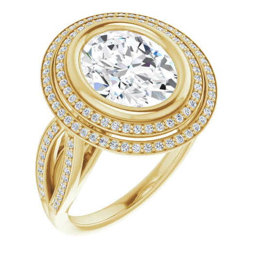 10K Yellow Gold Customizable Bezel-set Oval Cut Style with Double Halo and Split Shared Prong Band