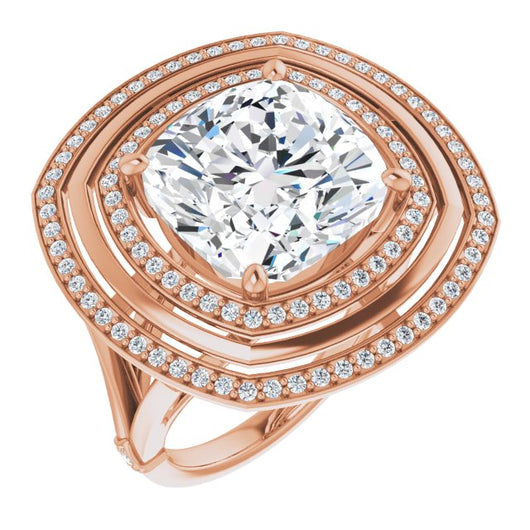 10K Rose Gold Customizable Cushion Cut Oversized 2x Halo Style with Knuckle Accented Split Band