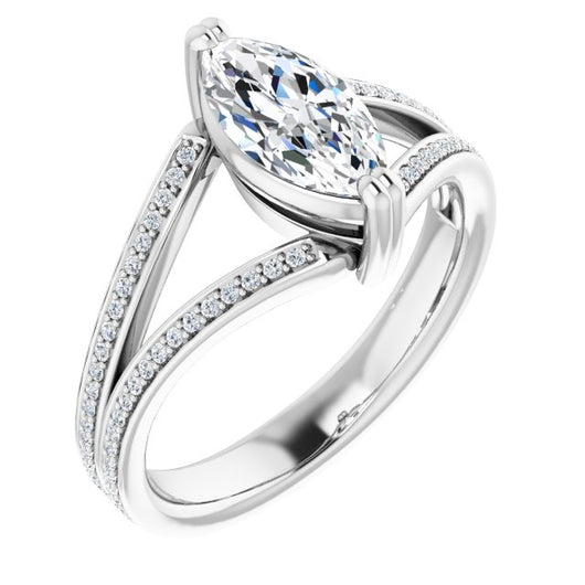 10K White Gold Customizable Marquise Cut Center with 100-stone* "Waterfall" Pavé Split Band