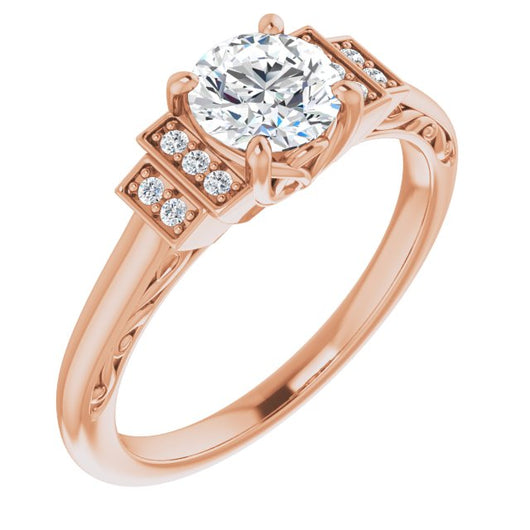 10K Rose Gold Customizable Engraved Design with Round Cut Center and Perpendicular Band Accents