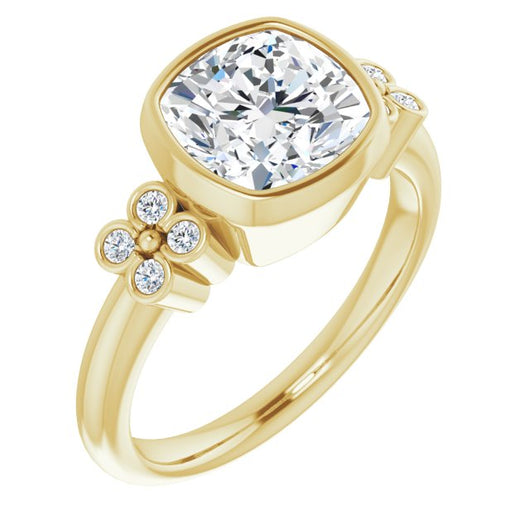 10K Yellow Gold Customizable 9-stone Bezel-set Cushion Cut Design with Quad Round Bezel Side Stones Each Side