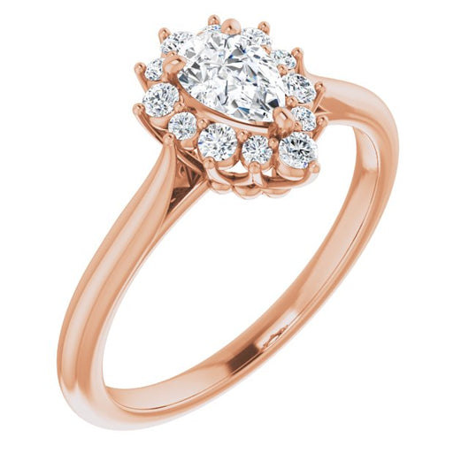 10K Rose Gold Customizable Crown-Cathedral Pear Cut Design with Clustered Large-Accent Halo & Ultra-thin Band