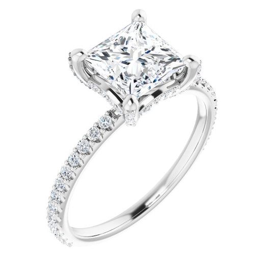 10K White Gold Customizable Princess/Square Cut Design with Round-Accented Band, Micropav? Under-Halo and Decorative Prong Accents)