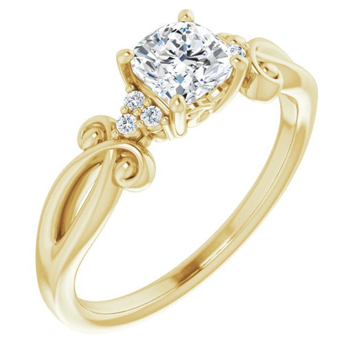 10K Yellow Gold Customizable 7-stone Cushion Cut Design with Tri-Cluster Accents and Teardrop Fleur-de-lis Motif