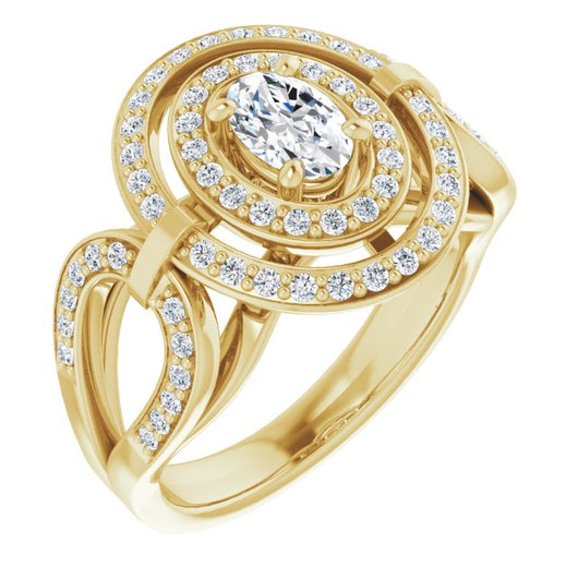 10K Yellow Gold Customizable Cathedral-set Oval Cut Design with Double Halo & Accented Ultra-wide Horseshoe-inspired Split Band