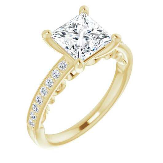 10K Yellow Gold Customizable Princess/Square Cut Design featuring 3-Sided Infinity Trellis and Round-Channel Accented Band