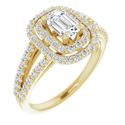 10K Yellow Gold Customizable Emerald/Radiant Cut Design with Double Halo and Wide Split-Pavé Band