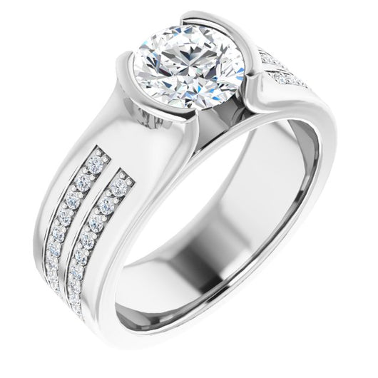 10K White Gold Customizable Bezel-set Round Cut Design with Thick Band featuring Double-Row Shared Prong Accents