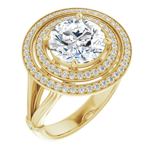 10K Yellow Gold Customizable Cathedral-set Round Cut Design with Double Halo, Wide Split Band and Side Knuckle Accents