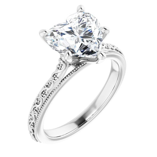 10K White Gold Customizable Heart Cut Solitaire with Delicate Milgrain Filigree Band