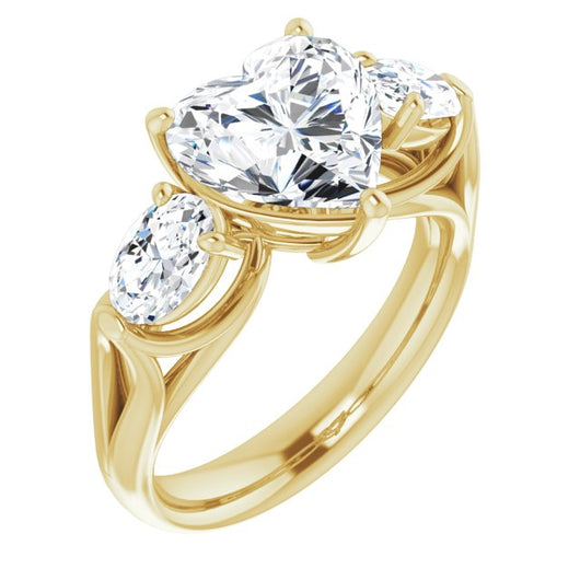 10K Yellow Gold Customizable Cathedral-set 3-stone Heart Cut Style with Dual Oval Cut Accents & Wide Split Band