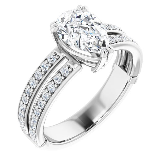 14K White Gold Customizable Pear Cut Design featuring Split Band with Accents